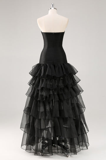 Black Strapless A-Line Tiered Ruffled Long Formal Dress with Slit